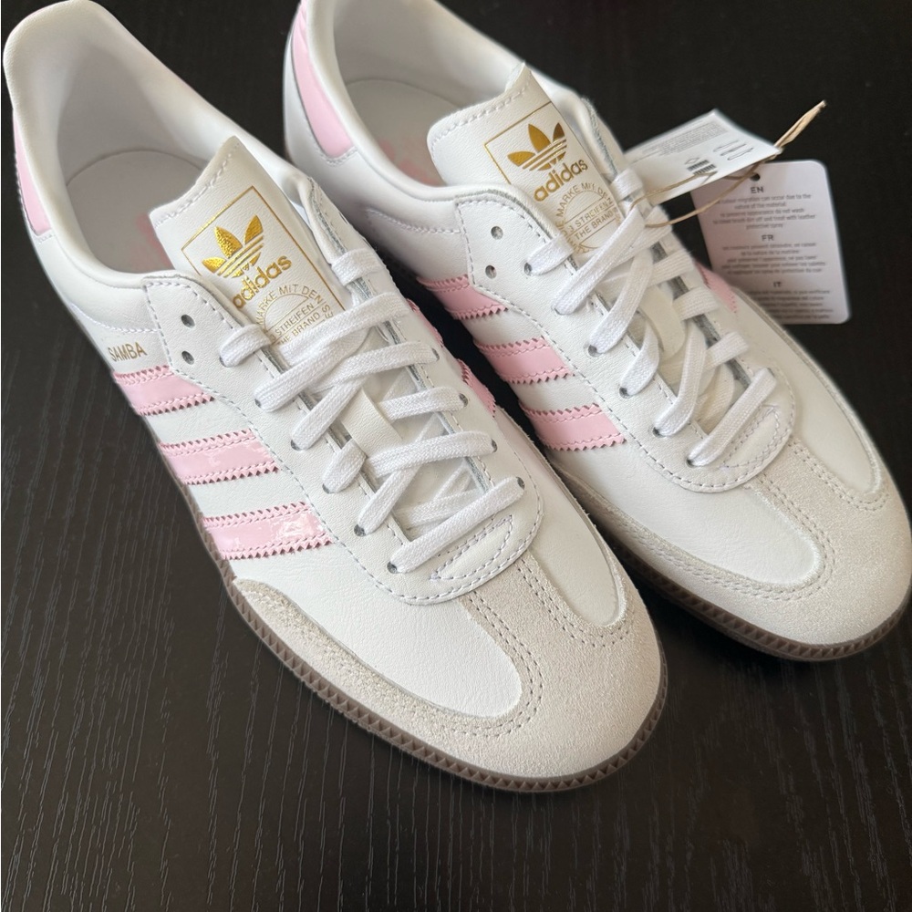 adidas Samba White & Light Pink Leather Sneakers with Gold Logo